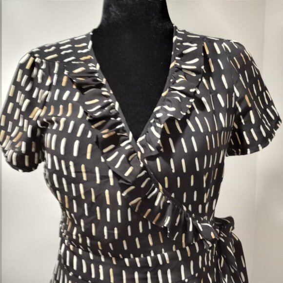LARK & RO BLACK|BEIGE PRINT RUFFLE EDGED WRAP MIDI DRESS WOMEN SIZE M - Picture 4 of 9